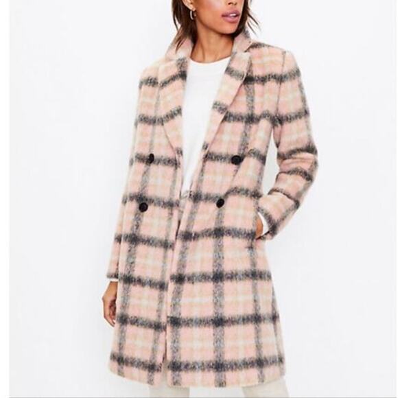 NWOT LOFT Plaid Double Breasted Coat Pink Gray Wool Blend Gorpcore Outdoor Sz M - Picture 2 of 10